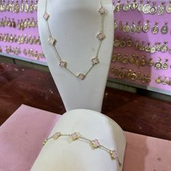 14k Gold Pink Clover Set