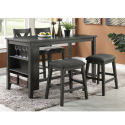 5 Piece Counter Height Dining Set Includes Table 2 Chairs And 2 Stools Color Grey Table Has Storage Shelves Firm Price $499
