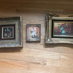 Set Of 3 Gold Framed Oil Florals - Wall Art