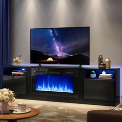 80” TV Stand with 36” Electric Fireplace, Large Modern Media Entertainment Center with Storage Cabinet and 12 Colors LED Lights for TVs Up to 90", Bla