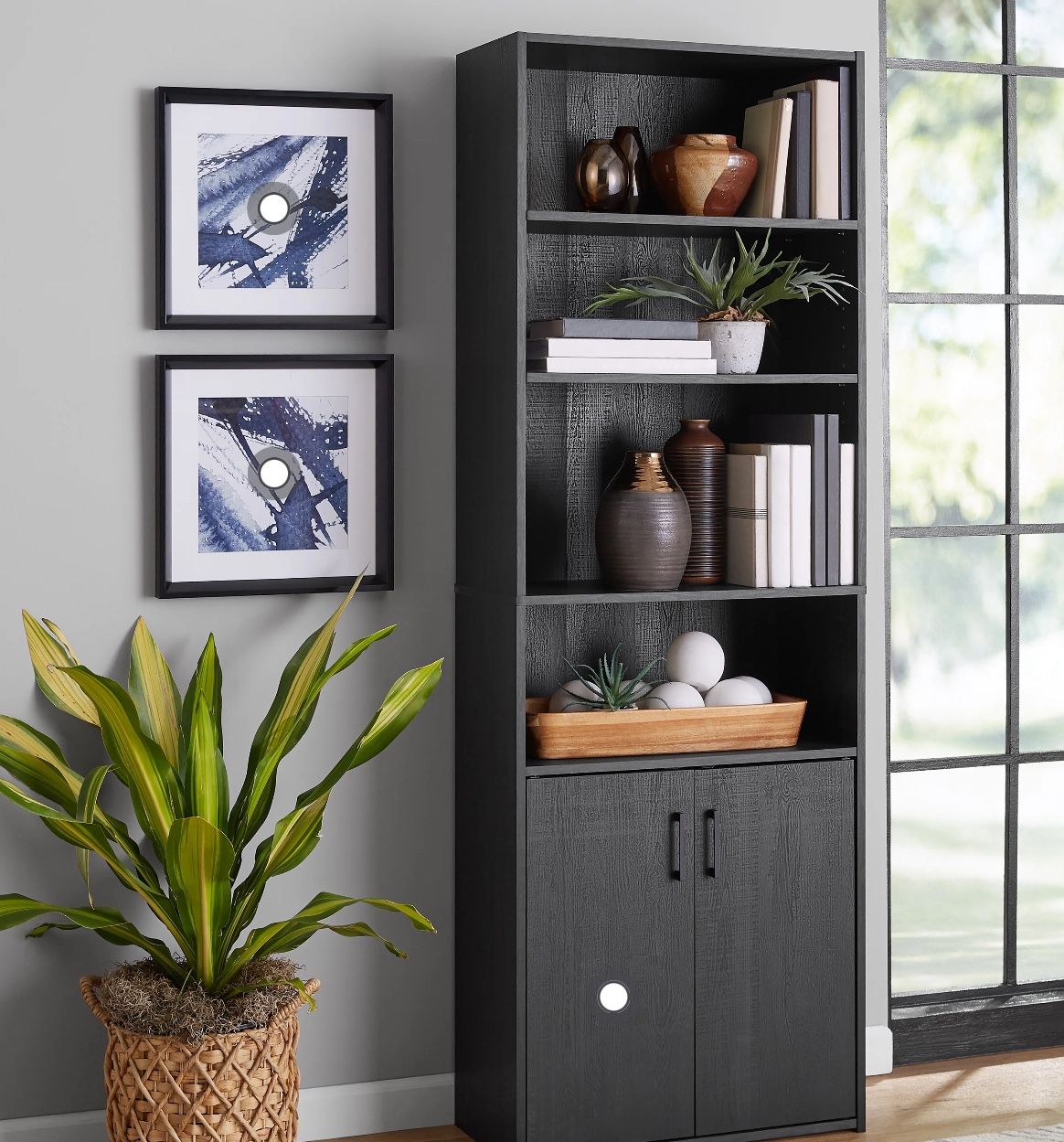 Mainstays Traditional 5 Shelf Bookcase with Doors, Black Finish