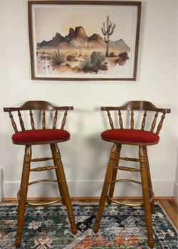 Vintage 1970s Early American / Colonial-Style Swivel Barstools — Restored Pair