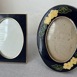 Vintage Lot 2 Miniature Enameled Frames Table Top Small Collectible Floral Art Pictures Retro Brass 