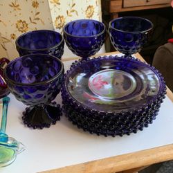 LOT OF MARTHA STEWART MACYS COLLECTION BEADED INDIGO GLASS DESSERT PLATES AND GOBLETS