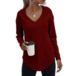 New Women’s Size Small V-Neck Long Sleeve Hooded Top in Deep Red