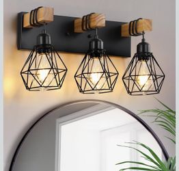 Farmhouse Vanity Light for Bathroom, 3-Light Wood Bathroom Vanity Light Fixtures, Black