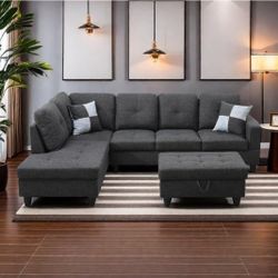 New Charcoal Grey Linen Sectional with Storage Ottoman