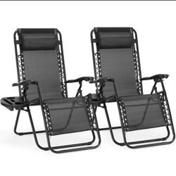 Set Of 2 BRAND NEW Reclining Outdoor Chairs W/ Tray Tables