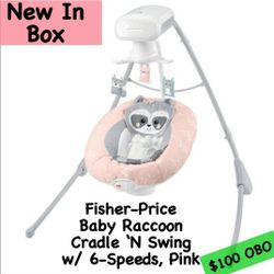 New In Box Fisher Price Baby Raccoon Cradle 'N Swing With 6- Speeds, Pink