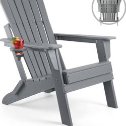 FUNBERRY Folding Adirondack Chair, Fire Pit Chairs, Plastic Adirondack Chairs Weather Resistant with Cup Holder, Composite Adirondack Chairs