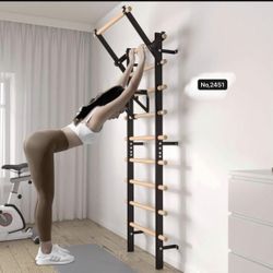 Swedish Ladder Wood Stall Bar, Suspension Trainer with Pull-Up Bar and Dip Bar Attachments, Wooden Stall Bar with 9 Strategic Rods with a maximum weig