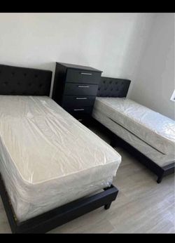 Twin Bed Frames with Mattresses and Dresser Set