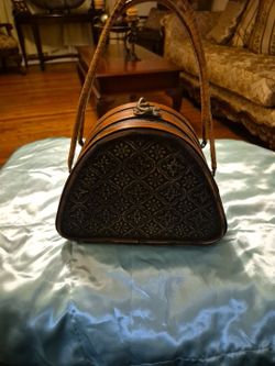 Vintage Boho Style Wood And Metal Purse Embrossed With A Floral Design 