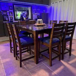Counter Height Wood Table Set;  8 Counter Height Dining Bar Stool Chairs;  Extension Leaf