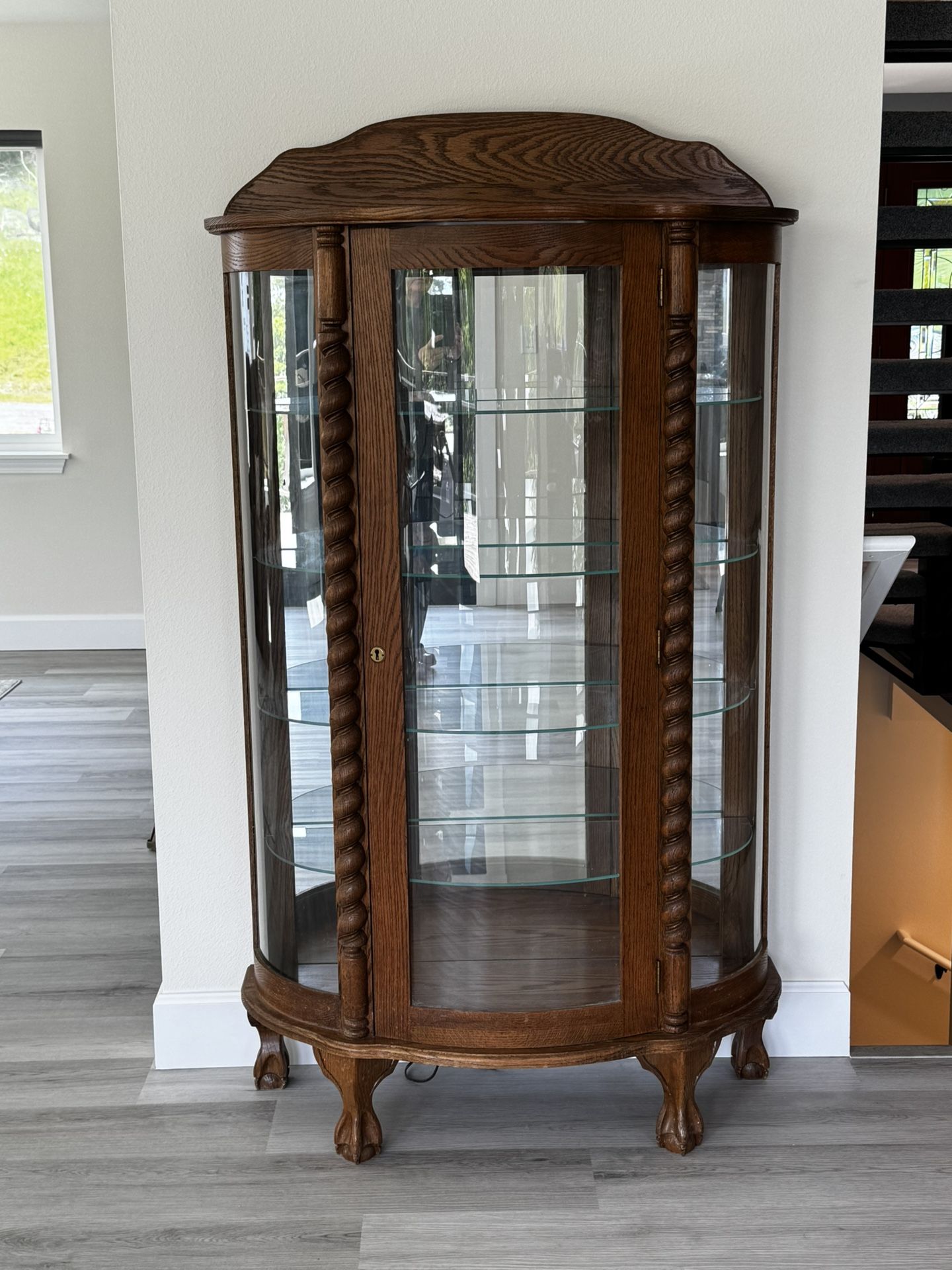 Antique Oak Curved Curio Cabinet With Key