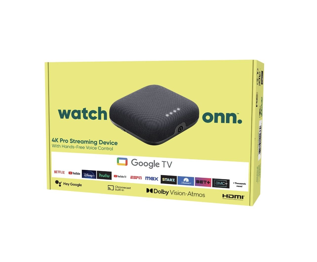 onn. Google TV 4K Pro Streaming Device (New, 2024), 4K UHD resolution, Dolby Vision & Dolby ATMOS, Hands-Free Voice Control, Smart Hub