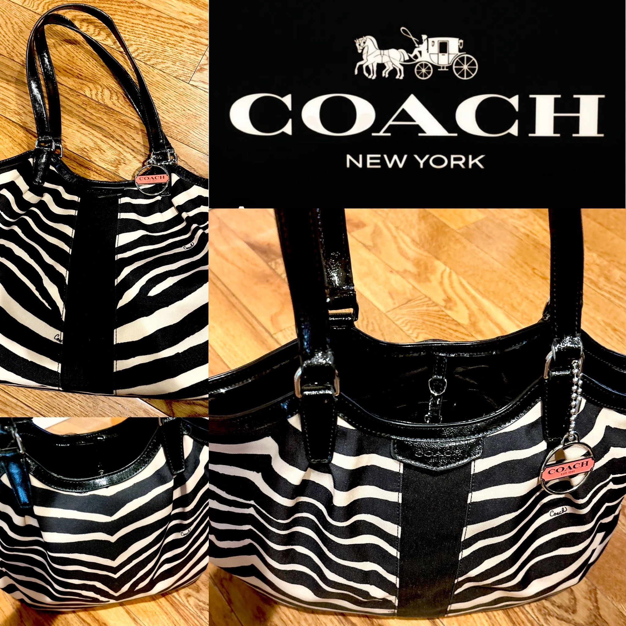 VINTAGE 2013 Coach SIGNATURE Devin Stripe zebra print shoulder/TOTE bag F24022