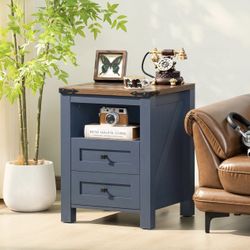 Brand New Blue Nightstand w/ Charging Station – Modern 2-Drawer Storage Table