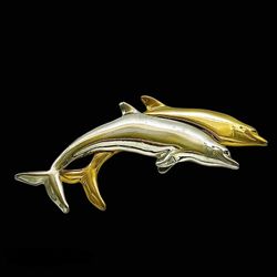 Vintage Liz Claiborne Two Tone Couple Dolphins Brooch Harbor Porpoises Nautical Pin Signed, Peace Harmony Inner Strength Joy