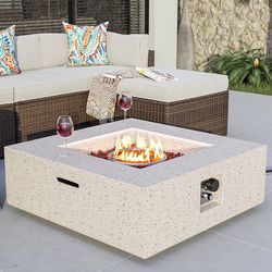COSIEST Outdoor Propane Fire Pit Coffee Table w Square Faux Stone 35-inch Base, 50,000 BTU Stainless Steel Burner, Free Lava Rocks
