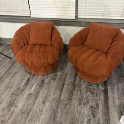 Set of 2 – Burnt Orange Channel-Tufted Swivel Accent Chairs