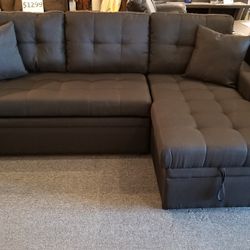 Brand New 88" x 61" Black Linen Convertible Sectional With Storage Chaise