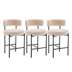 Boucle Bar Stools Set of 3, ( 27”) Beige Counter Height Bar Stools with Backs, Modern Barstools for Kitchen Island, Pub, Club