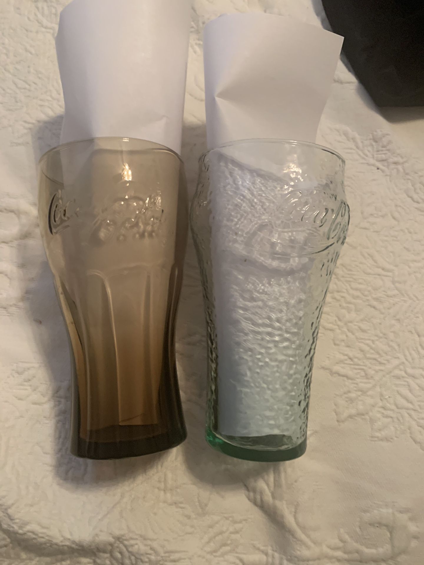 2 Coca Cola Glasses 1 Brown 1 Green
