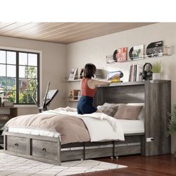 Queen Murphy Bed With Storage and Charging Station EUC