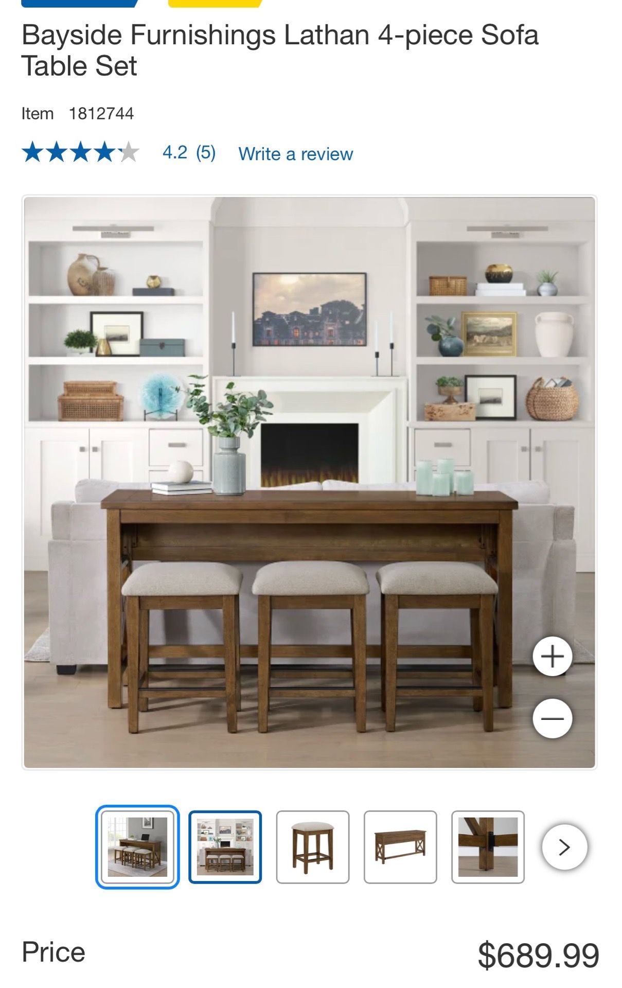 Bayside Furnishings Lathan 4-Piece Sofa Table Set (New In Box