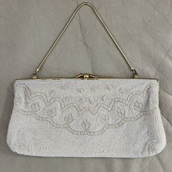 Vintage White Beaded Evening Bag Hand Beaded HUTZLER’S Made In Belgium  Floral Swirl