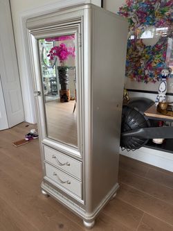 Silver Mirrored Armoire with Two Drawers
