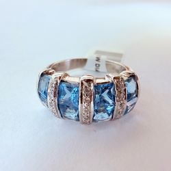 14K White Gold, Blue Topaz & Diamond Ring