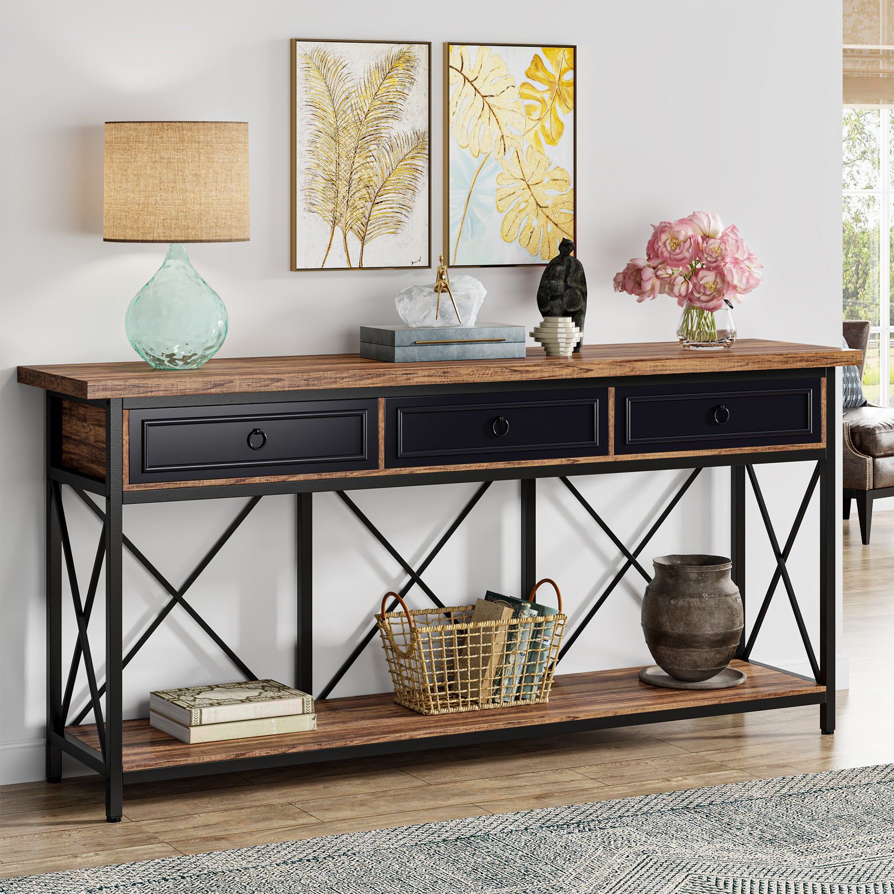3-Drawer Console Table, 70.8" Sofa Foyer Table with Storage Shelf