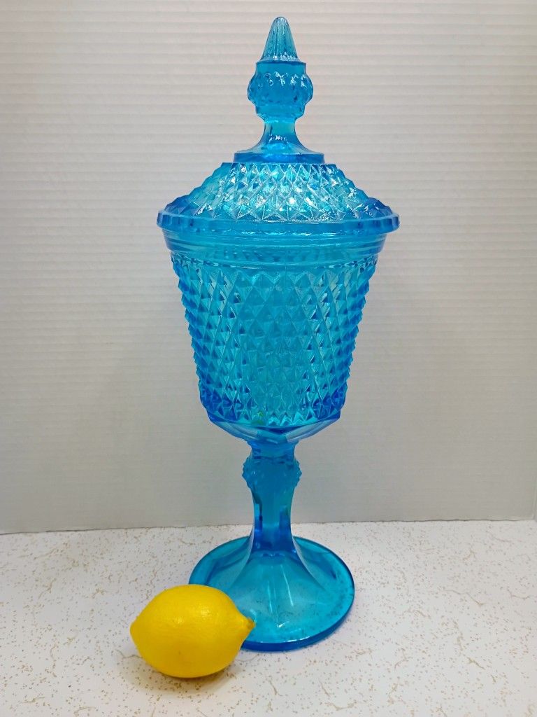 Mid Century Vintage Diamond Point Blue Indiana Glass Pedestal Candy Dish Apothecary Jar 15"