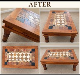 Rustic Wood Coffee Table with Stone Tile Top