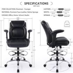 Ergonomic Mid-Back Leather Adjustable Drafting Chair with Multi-Function Arms and Foot Ring, Standing-Desk Matched Tall Swivel Computer Office Stool, 