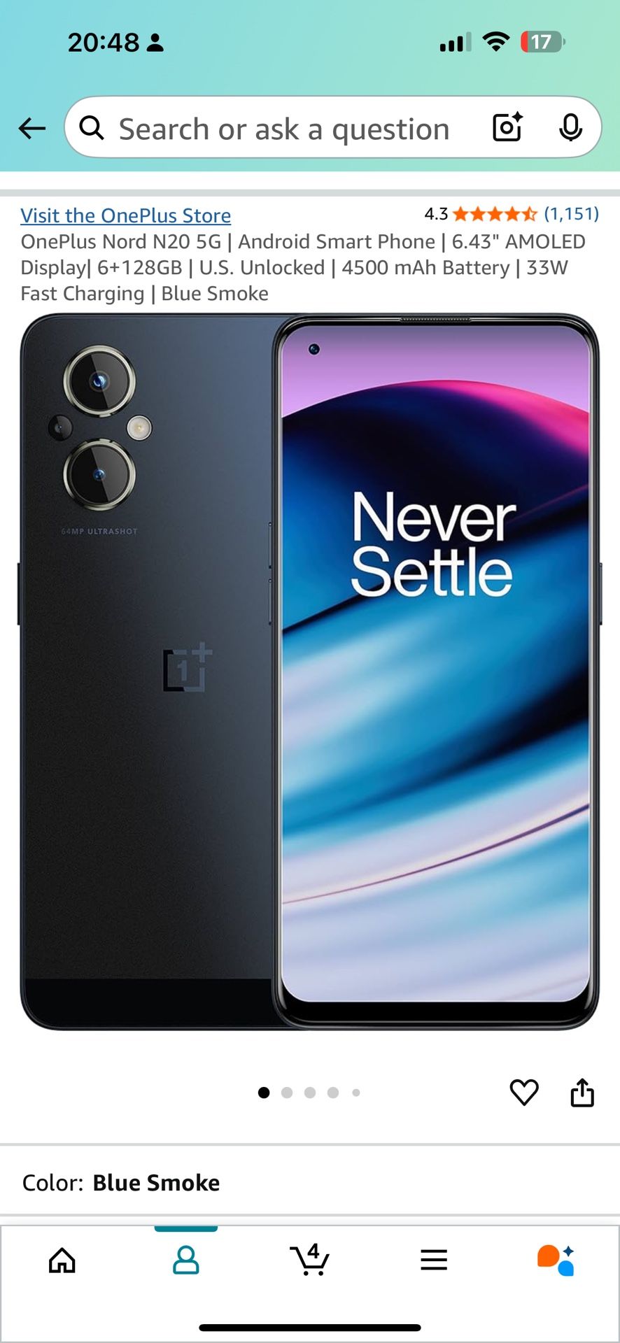 OnePlus Nord N20 5G | Android Smart Phone | 6.43" AMOLED Display| 6+128GB | U.S. Unlocked | 4500 mAh Battery | 33W Fast Charging | Blue Smoke
