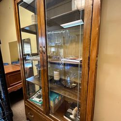 Antique Wood & Glass Armoire Cabinet With Shelves And Drawer