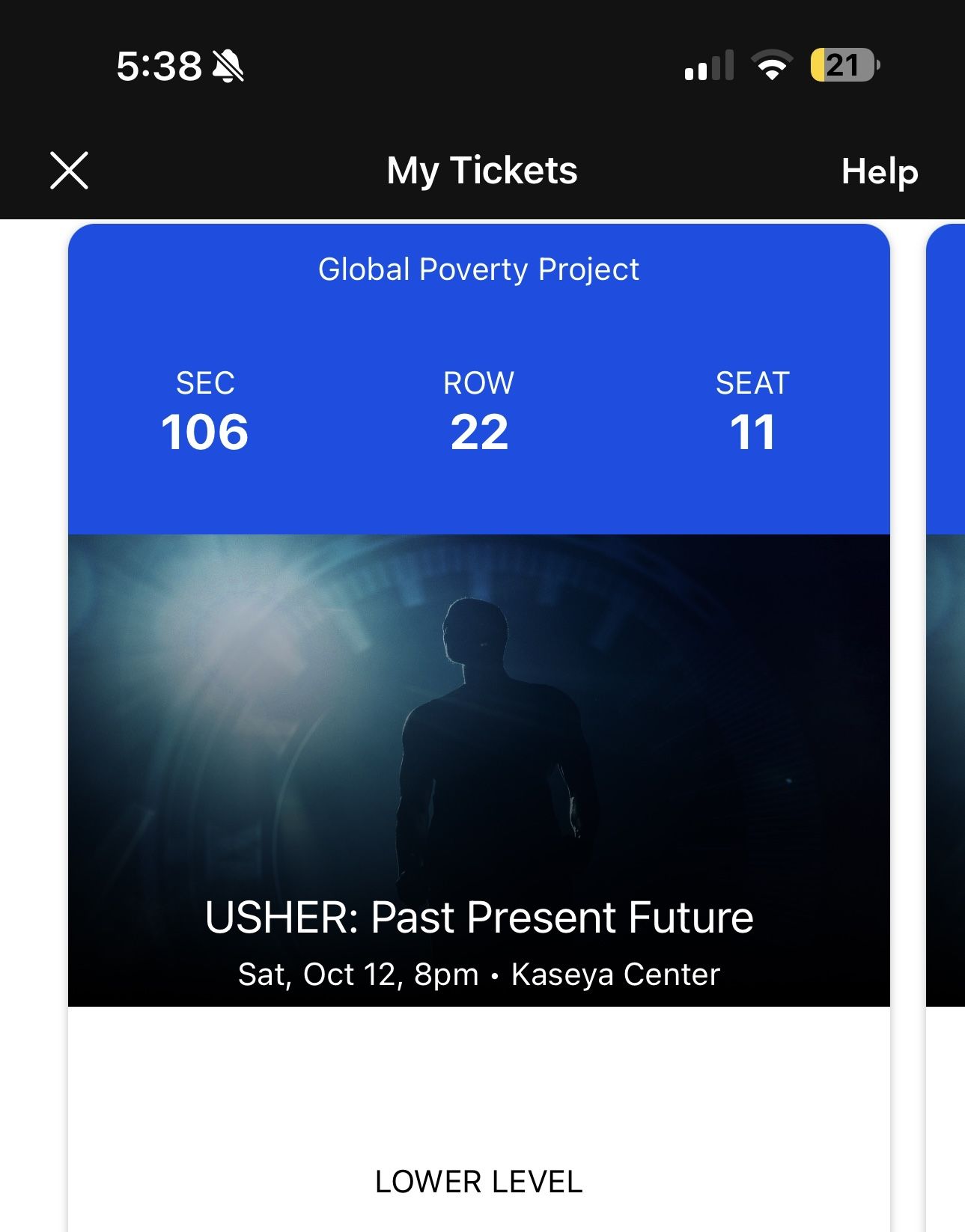 Usher Tickets 2 Section 106 Row 22 Seat 11,12
