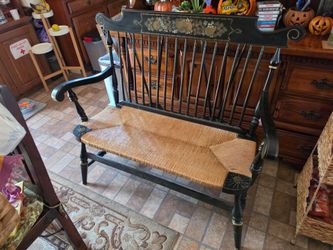 Vintage Hitchcock Style Black & Gold Stenciled Bench Rush Seat Settee