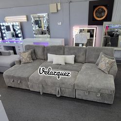 ✅️✅️3 pc Ash grey corduroy fabric sectional sofa with double storage chaise and pop up sleep area in center✅️✅️