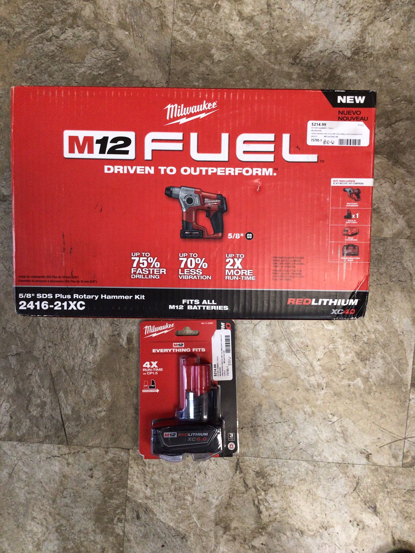 New Milwaukee M12 Fuel SDS Plus Rotary Hammer Kit W/ Extra Battery 