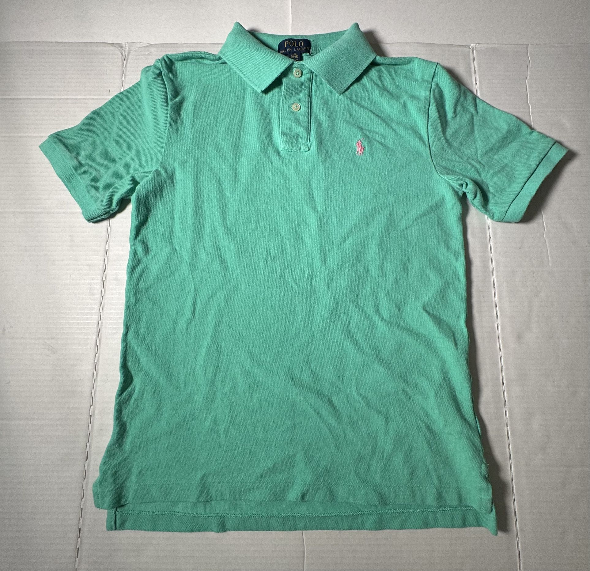 Pre Owned Good Polo Ralph Lauren Short Sleeve Polo Shirt Embroidered Mint Green Pink Boys Size Large 14-16