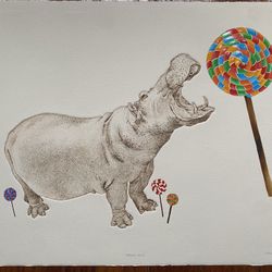 Original intaglio print/etching by Amanda Outcalt, 11” x 14” hippopotamus