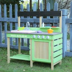 Kids Play Kitchen, Wood Mud Kitchen with Water Play Set & Cooking Toys for Outdoor, Gift for 3~8