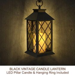 Bright Zeal 13.5" Black Vintage Candle Lantern with LED Pillar Candle and Timer - IP44 Waterproof Candle Lantern Outdoor Decorative Hanging Lantern Po