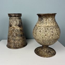 2 Metal Engraved Italy Themed Vases