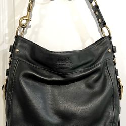 COACH ZOE Large Designer Black Leather Shoulder Bag Purse Gold Trim Buckles MINT