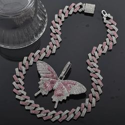 Iced Out 14K White Gold-Plated Pink & Silver Butterfly Pendant With 24"Cuban Chain Necklace 